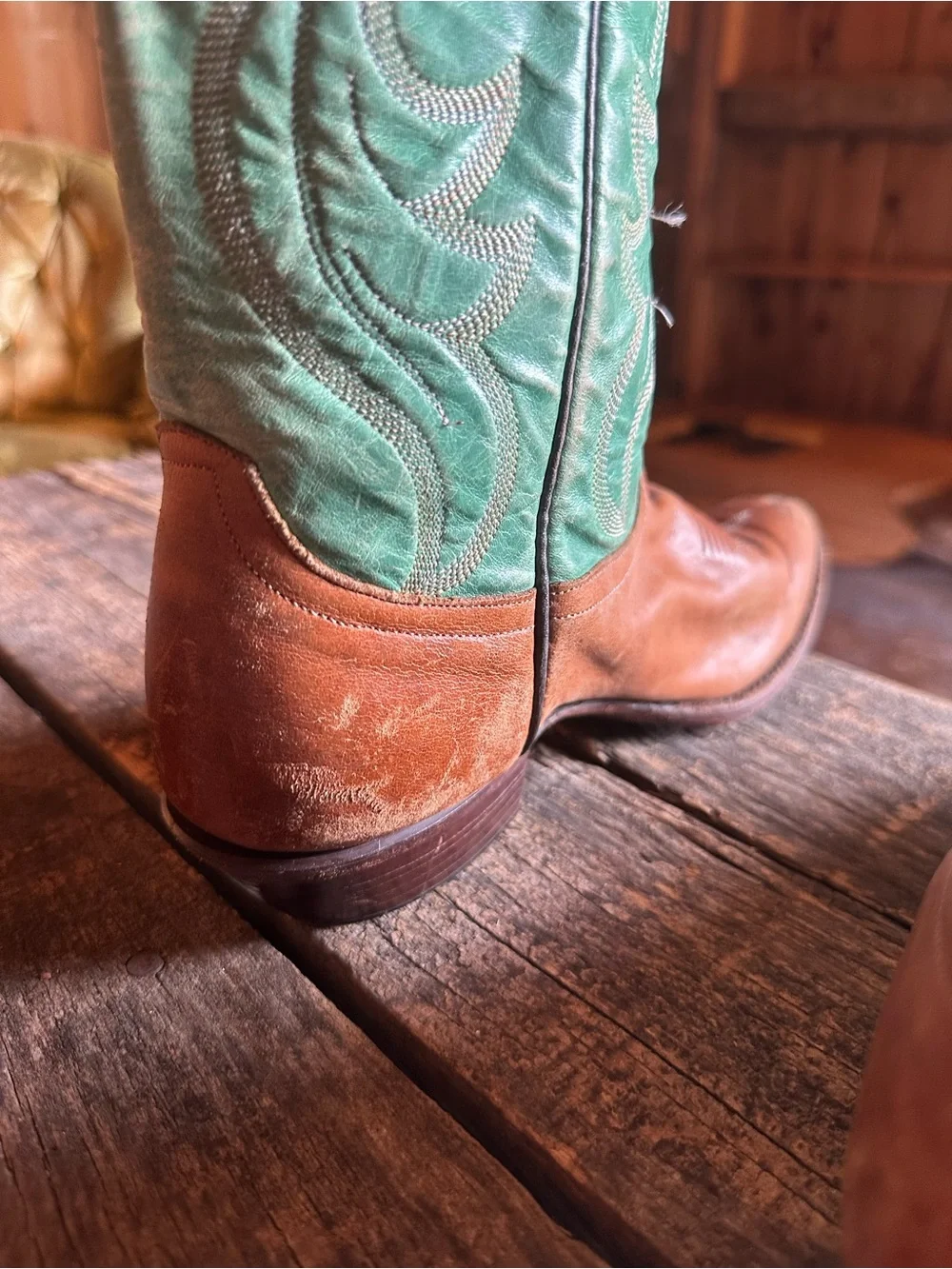 Larry Mahan Two-Tone Brown Foot with Green Shaft Western Boots